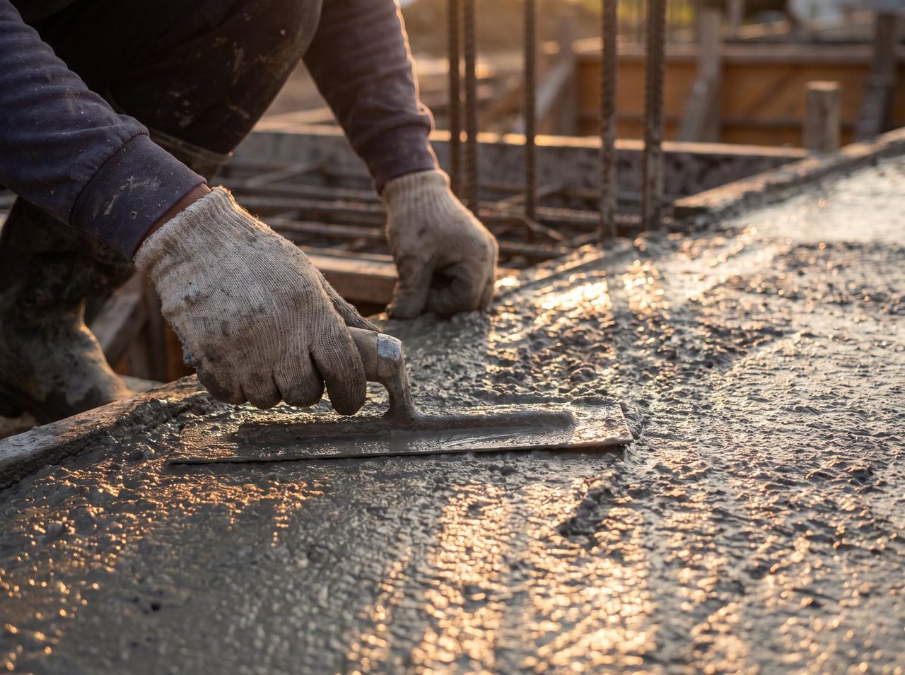 Close-up of hands finishing concrete in golden hour light